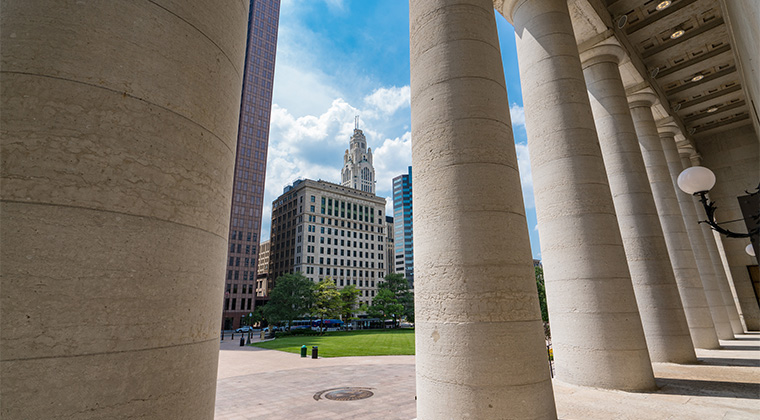 COLUMBUS, OH - JUNE 17, 2018: Columns of the Ohio Capital building in Capitol Square in Columbus, Ohio during the C-Suite Awards