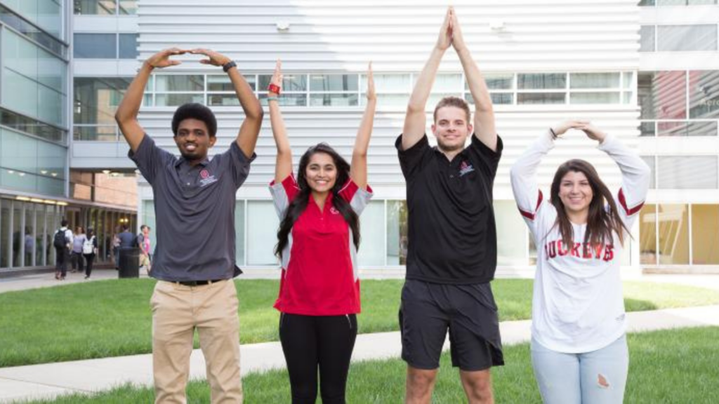 The Ohio State University College of Engineering. Image shows students spelling out OHIO with their arms.
