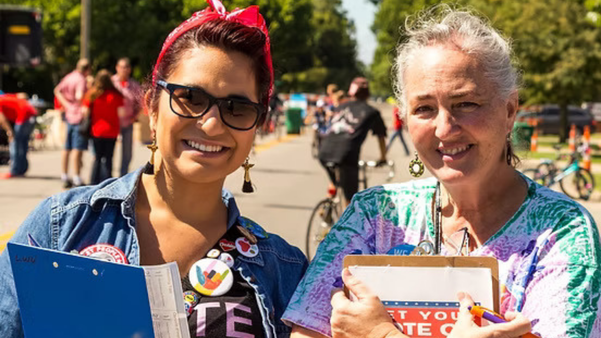 League of Women Voters in Ohio. Image shows two women with clipboards.