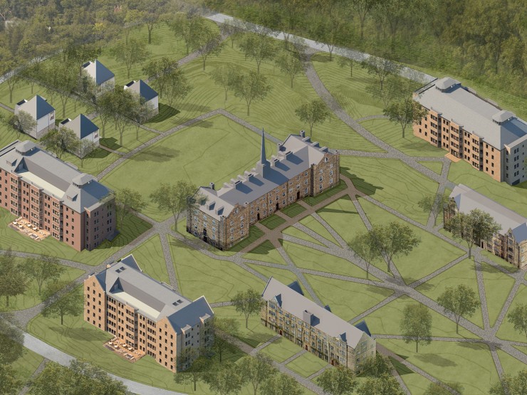 Kenyon College - Our Path Forward campaign. Image shows a mockup of campus additions and refurbishment.