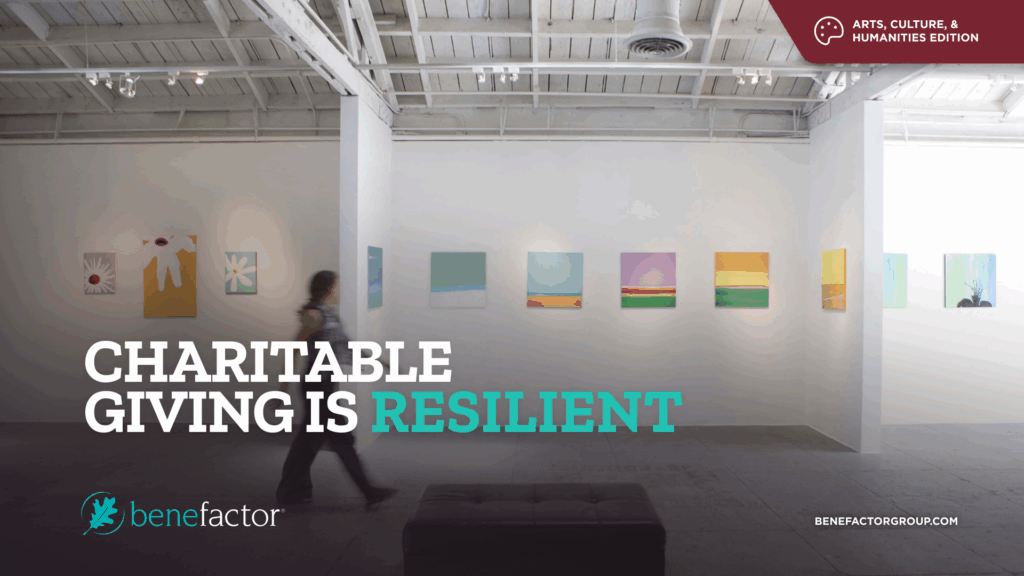 Charitable Giving is Resilient - Arts, Culture, & Humanities Edition from Benefactor Group. Image shows a museum goer viewing a gallery.